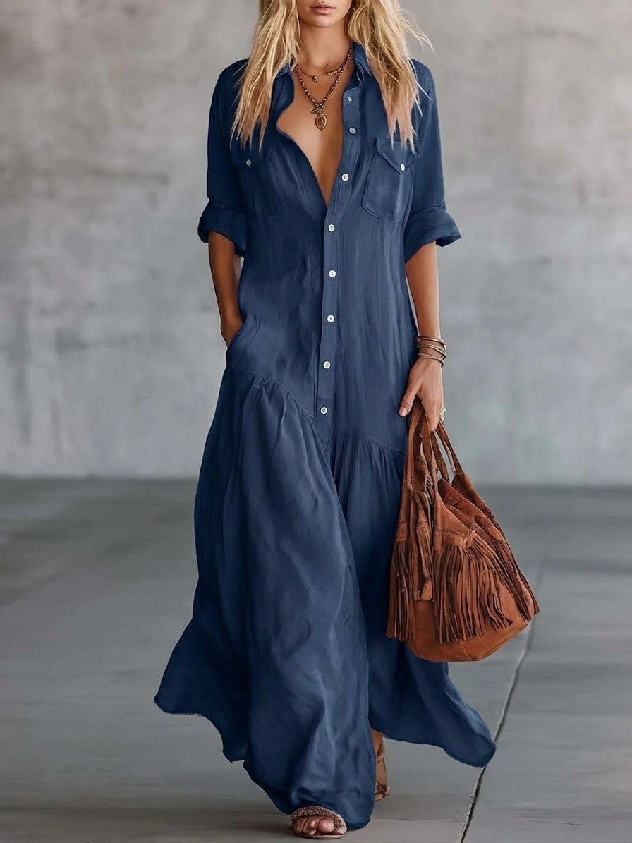 Damen Langes fließendes Hemdblusen-Maxikleid mit Knopfleiste, aufgesetzten Brusttaschen und seitlichen Eingrifftaschen Echoarchiv