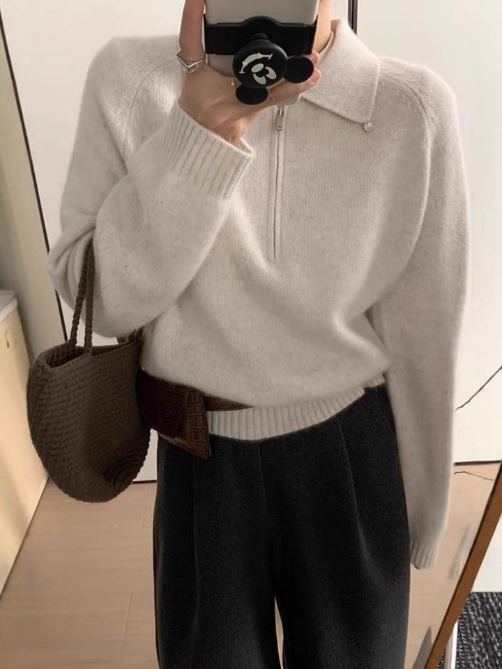 Damen Kurzzip-Polo-Pullover aus flauschigem Wollmix mit kastiger Silhouette Echoarchiv