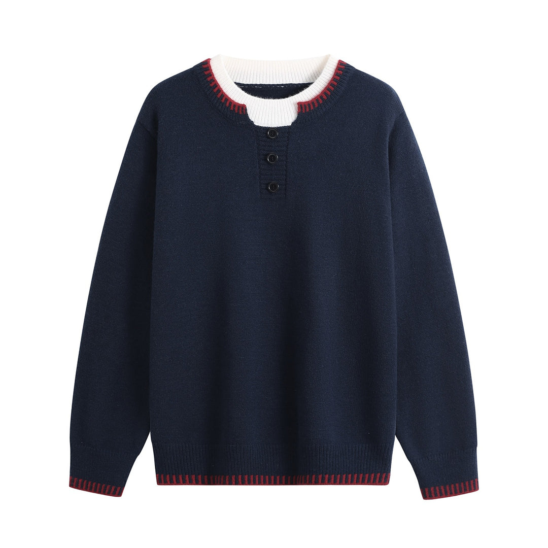 Unisex Feinstrick-Henley-Pullover mit kontrastreichem Rippkragen & Dreiknopfleiste Echoarchiv
