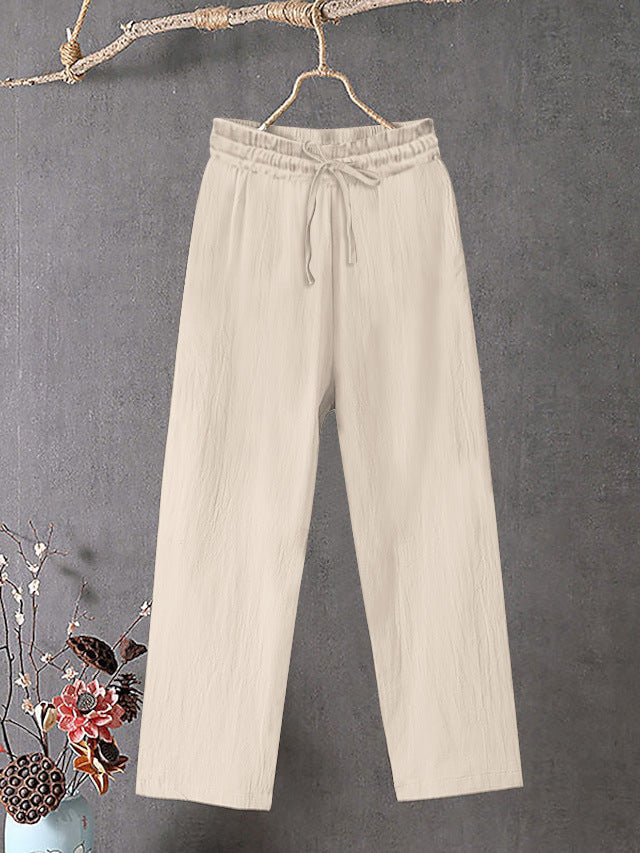 Damen Crinkle Leinenmischung Hose mit elastischem Kordelzug, gerade Beinform und lässiger Passform – Avélisse