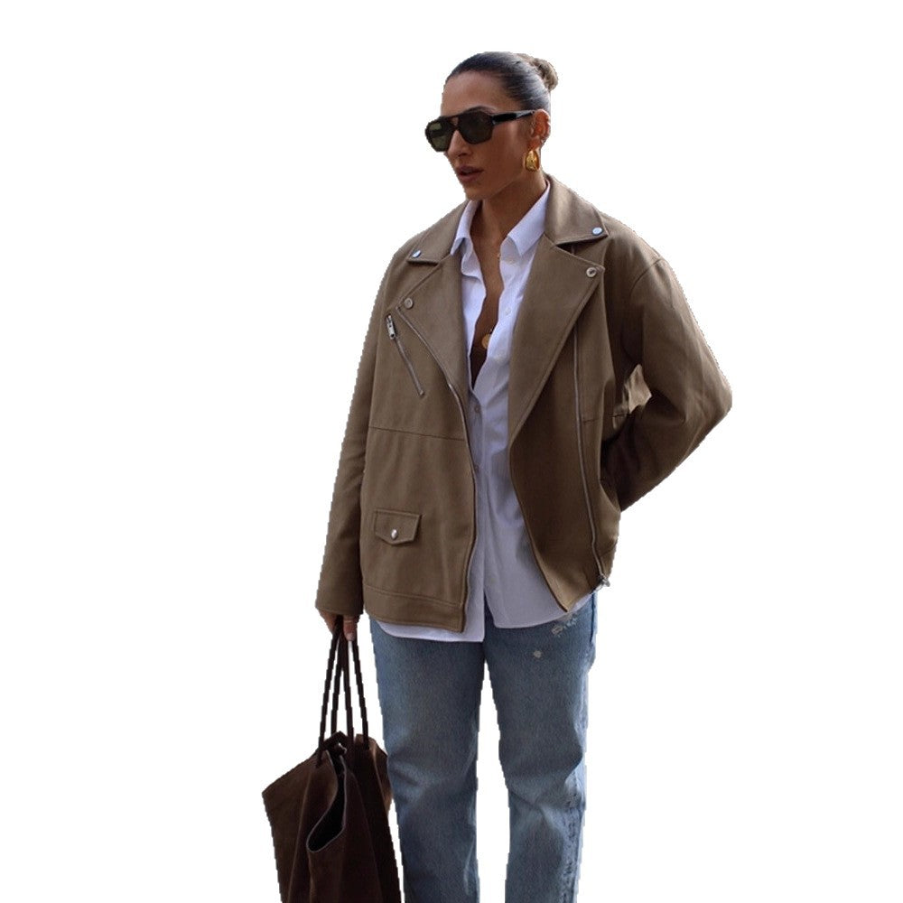 Damen Oversize-Bikerjacke aus Veloursimitat mit asymmetrischem Reißverschluss Echoarchiv