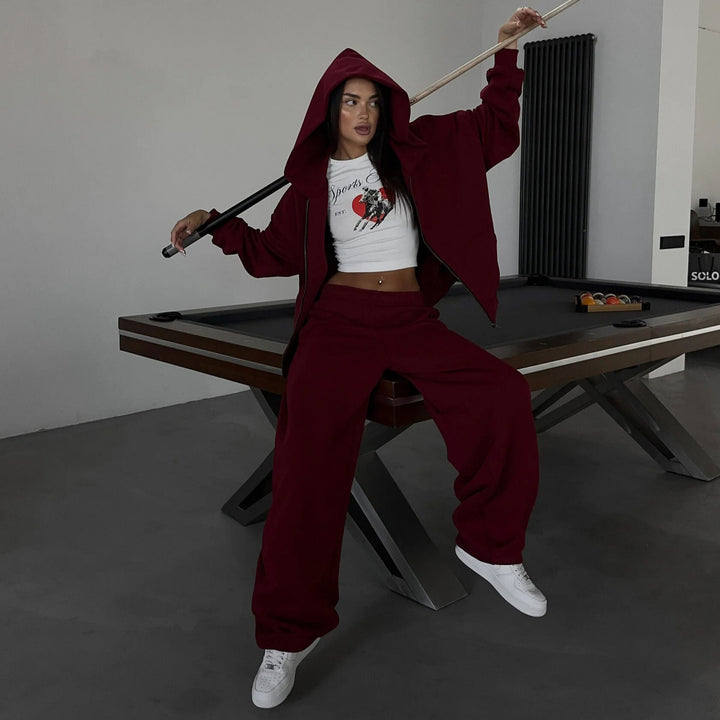 Damen lässiges Zip-Lounge-Set mit übergroßer Kapuzenjacke und taillierter Relax-Jogginghose – Auréline