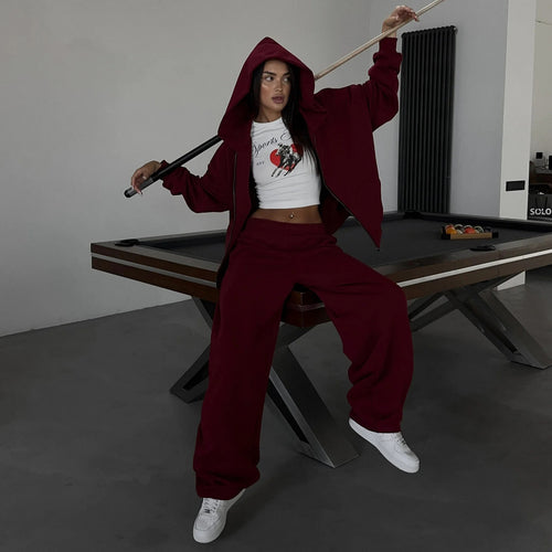 Damen lässiges Zip-Lounge-Set mit übergroßer Kapuzenjacke und taillierter Relax-Jogginghose – Auréline