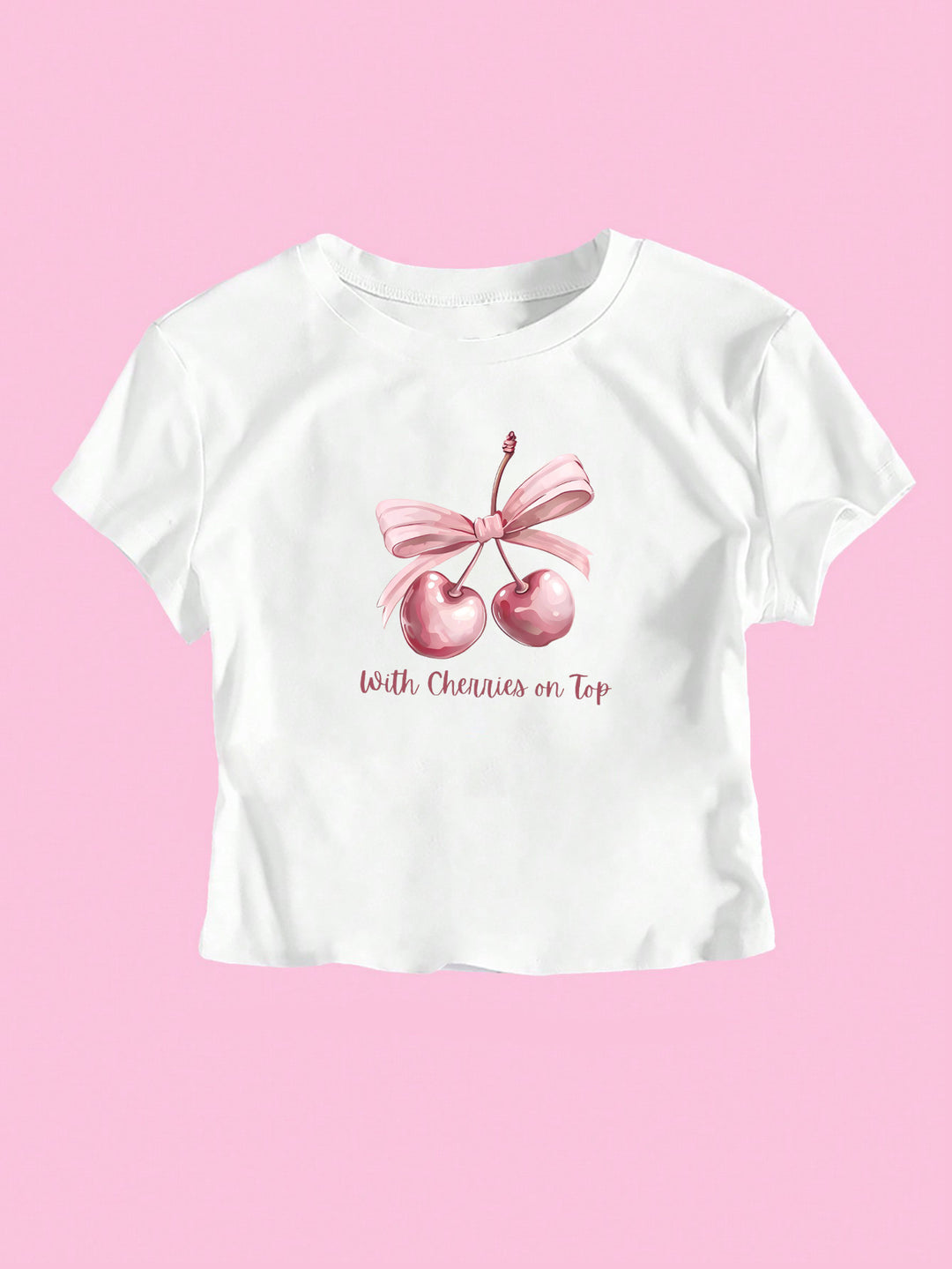 Damen Kurzarm Crop-T-Shirt mit fröhlichem Kirschmotiv und Schleifenapplikation Echo Archiv
