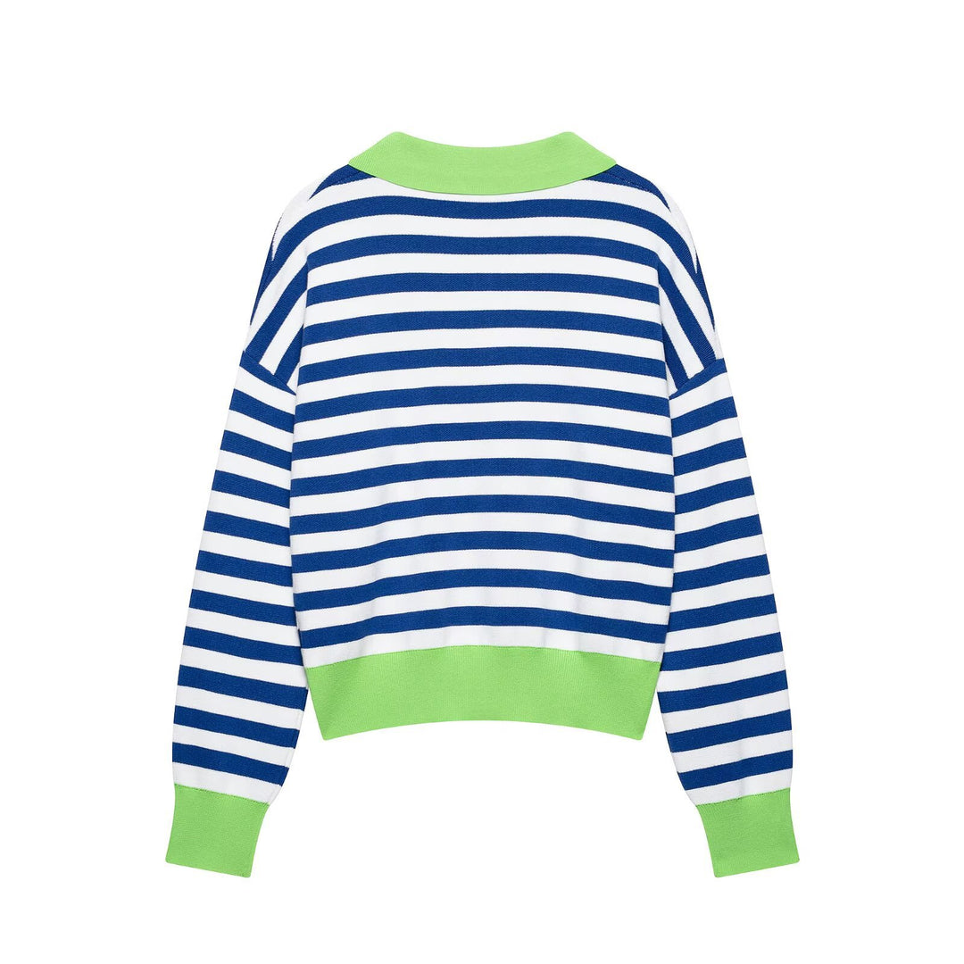 Damen Gestreifter Strickpolo-Sweater mit V-Ausschnitt und breitem Rippbund Echo Archiv