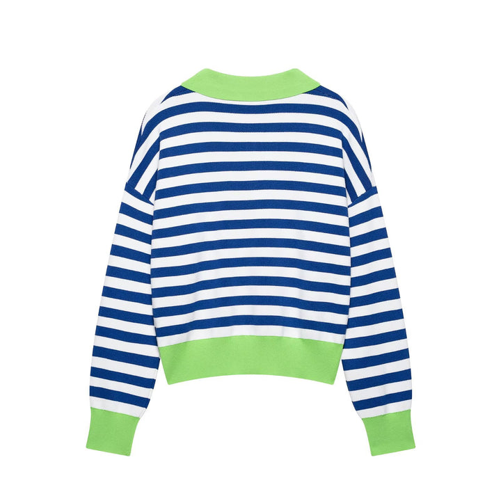 Damen Gestreifter Strickpolo-Sweater mit V-Ausschnitt und breitem Rippbund Echo Archiv