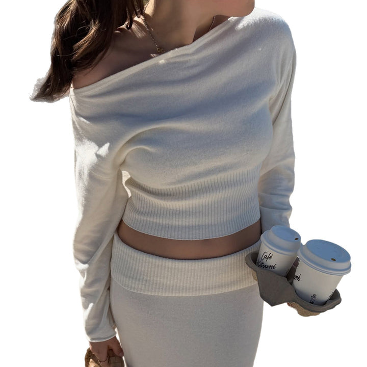 Damen Schulterfreies Rippstrick-Cropped-Top mit Taillenbund und passendem Midirock Echo Archiv