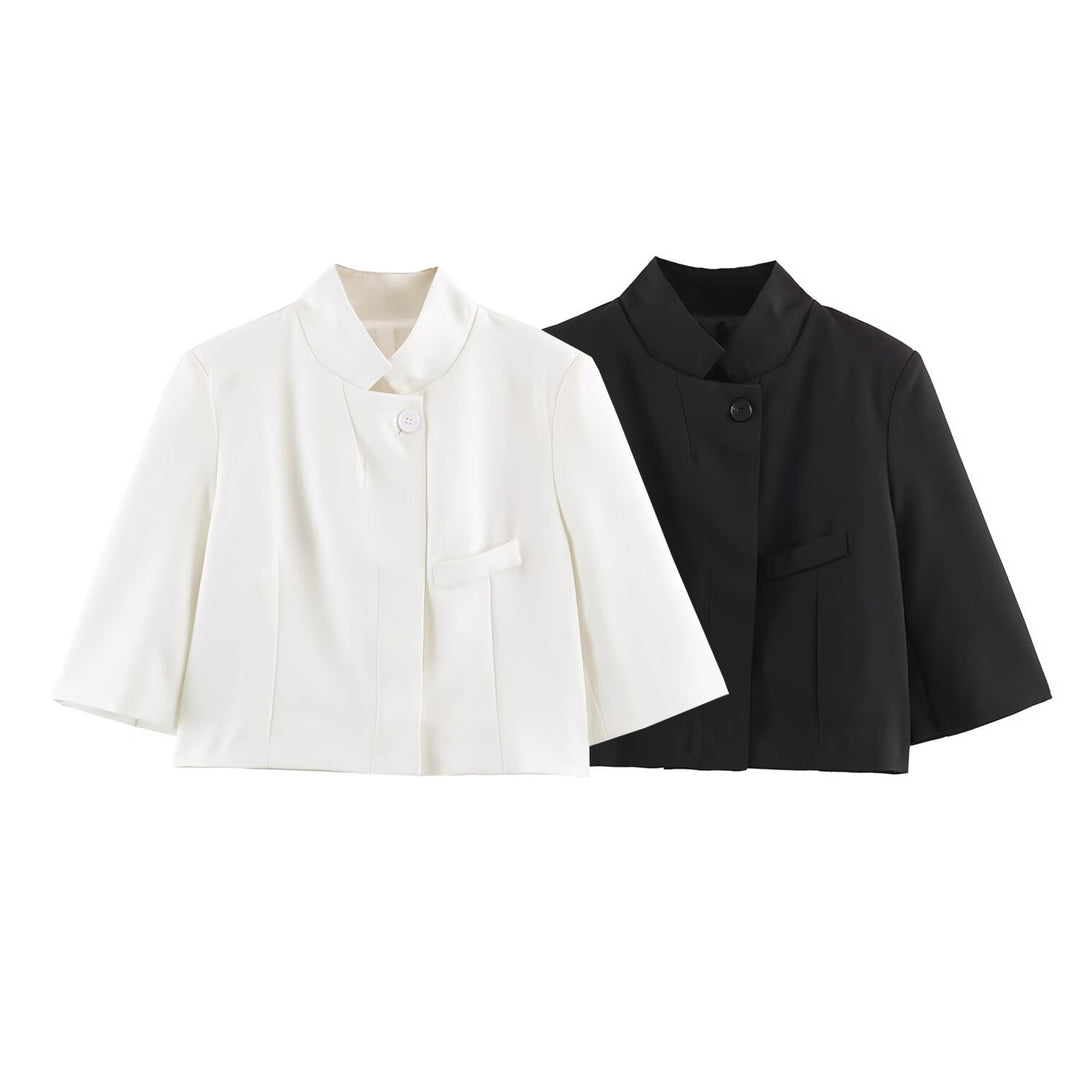 Damen Elegante Cropped-Jacke mit Stehkragen, verdeckter Knopfleiste und 3/4-Ärmeln Echo Archiv