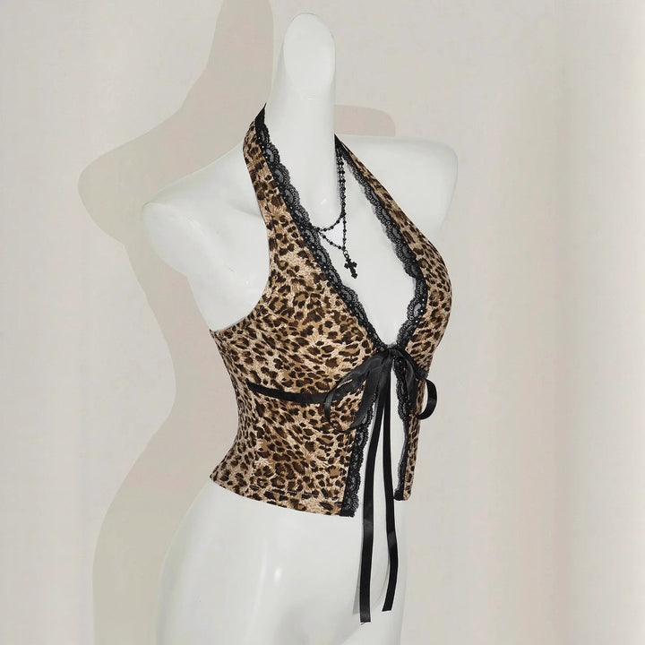 Damen Haltertop mit Spitzenverzierungen und Leopardenmuster Echo Archiv