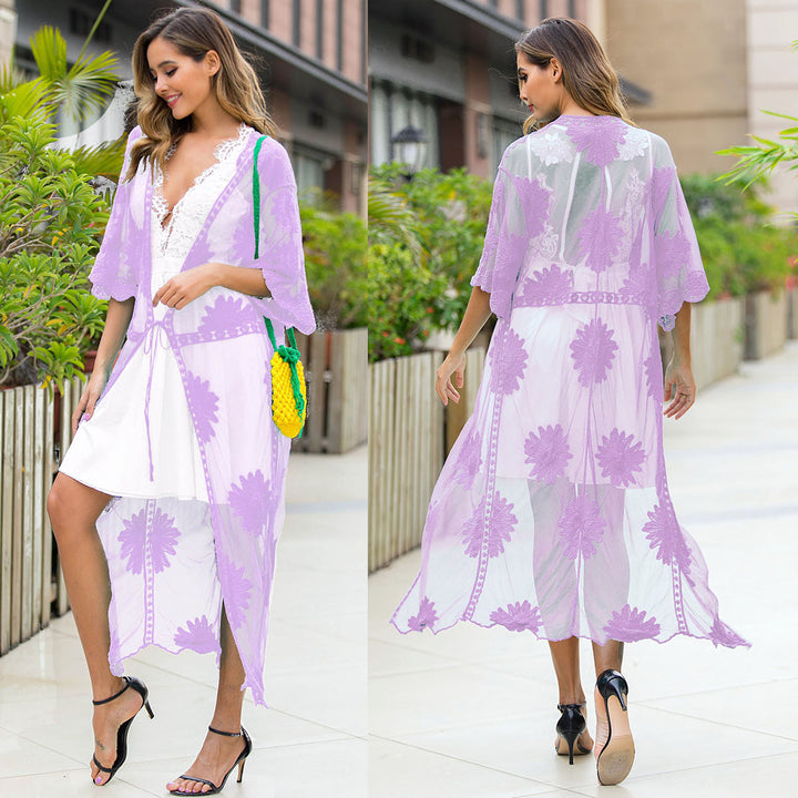 Damen elegante Häkel-Strandrobe mit floralen Details und tiefem V-Ausschnitt Echo Archiv