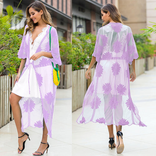Damen elegante Häkel-Strandrobe mit floralen Details und tiefem V-Ausschnitt Echo Archiv