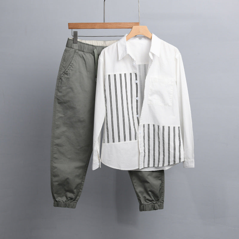 Damen Zweiteiliges Loungewear-Set mit Oversize-Hemd im Streifenpatch und elastischer Bund-Jogger Echoarchiv