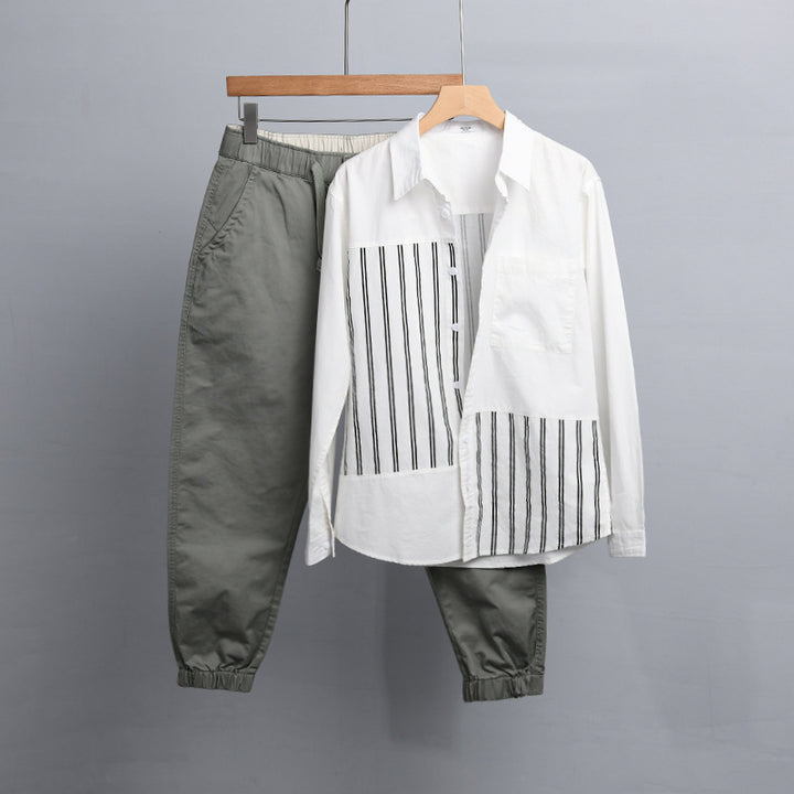 Damen Zweiteiliges Loungewear-Set mit Oversize-Hemd im Streifenpatch und elastischer Bund-Jogger Echoarchiv