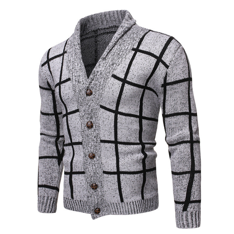 Herren modische Strickjacke mit V-Ausschnitt und modernem Karomuster Echoarchiv