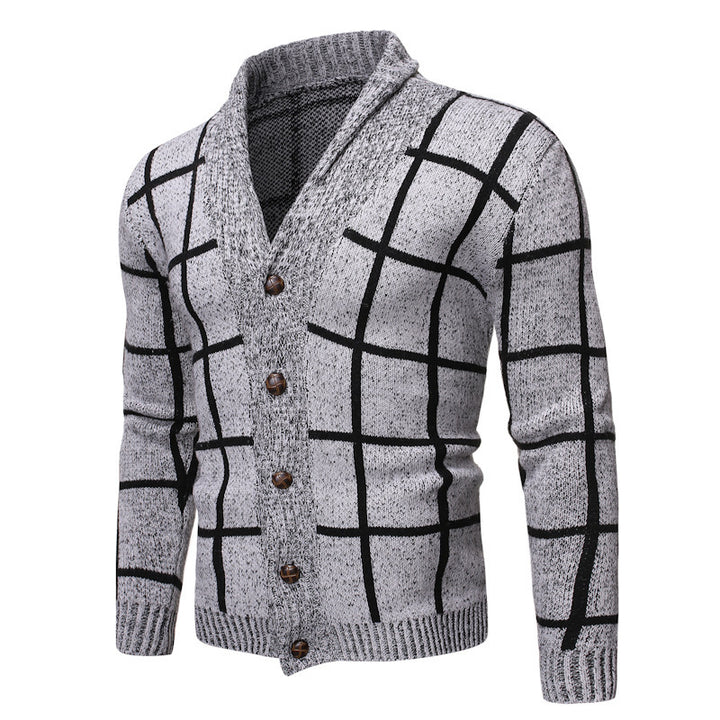 Herren modische Strickjacke mit V-Ausschnitt und modernem Karomuster Echoarchiv