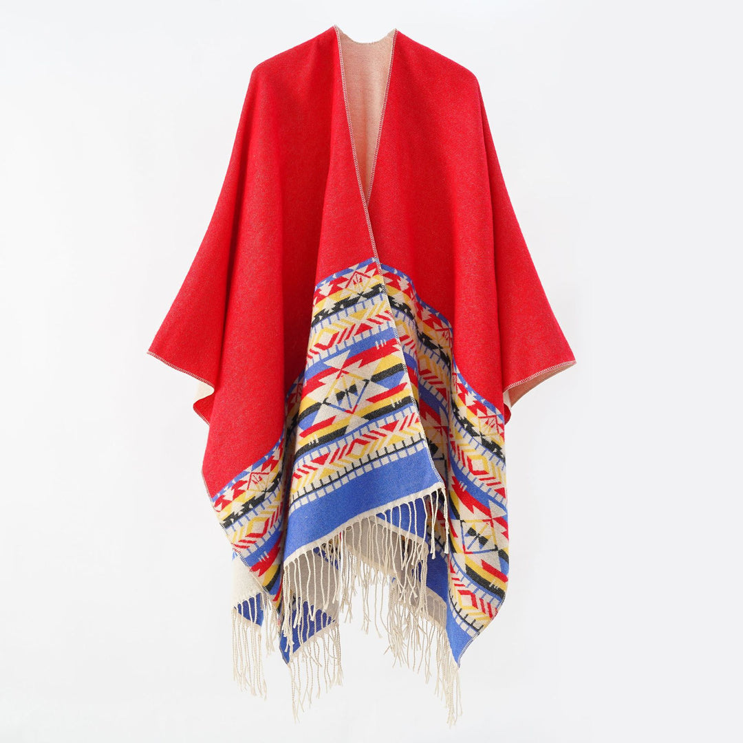 Damen V-Kragen-Überwurfponcho im Kimono-Fall mit Ethno-Bordüre und Fransensaum Echo Archiv