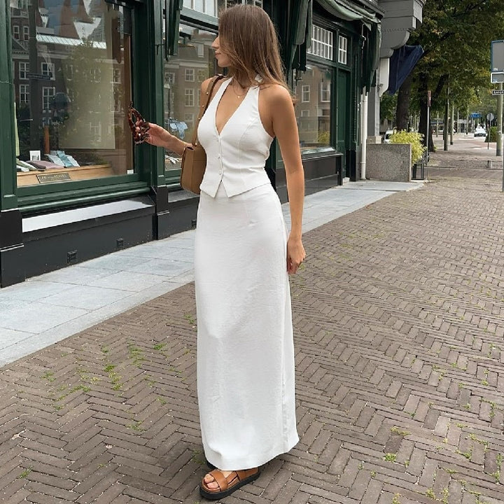 Damen Elegantes Maxikleid mit tiefem V-Ausschnitt und tailliertem Oberteil Echo Archiv