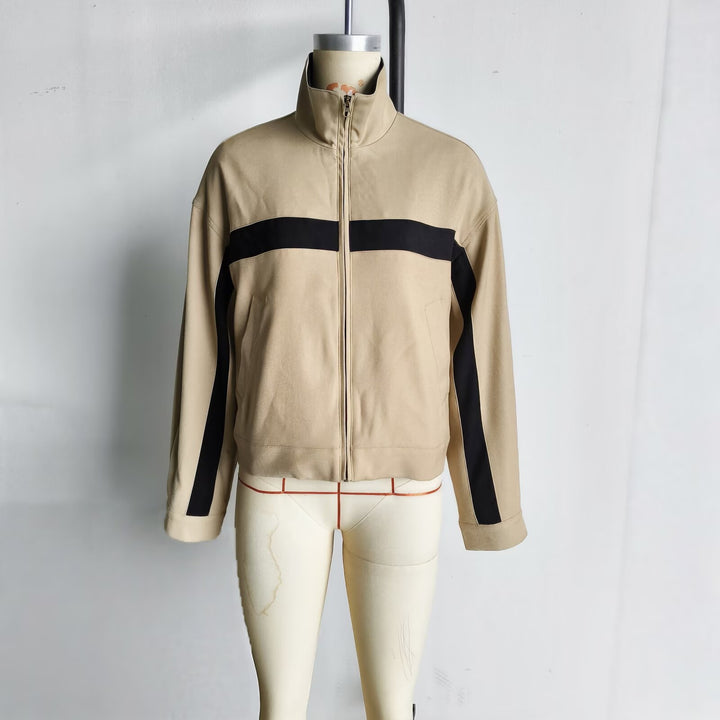 Damen Boxy-Cropped-Übergangsjacke mit Stehkragen, kontraststreifen und Eingrifftaschen Echoarchiv