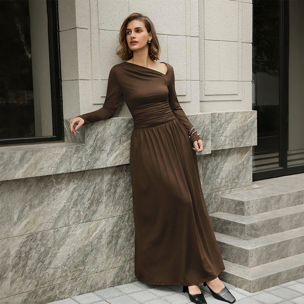 Damen asymmetrisches Maxikleid mit langem Ärmel und geraffter Taillenpartie – Valéora