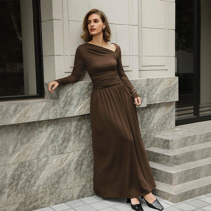 Damen asymmetrisches Maxikleid mit langem Ärmel und geraffter Taillenpartie – Valéora