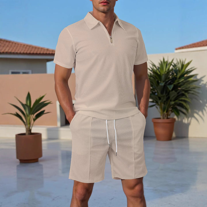Herren Sportliches Kurzarm Polo mit Zip und Passenden Shorts Echoarchiv
