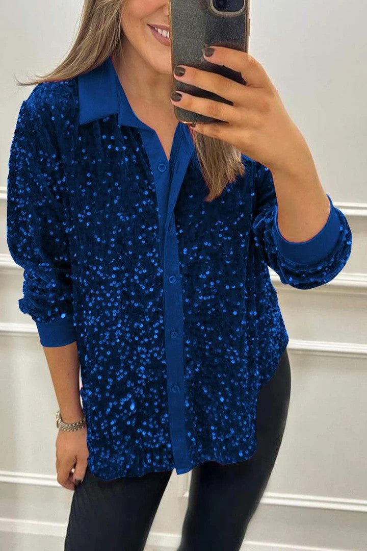 Damen Glitzernde Bluse aus Pailletten mit klassischem Kragen Echoarchiv
