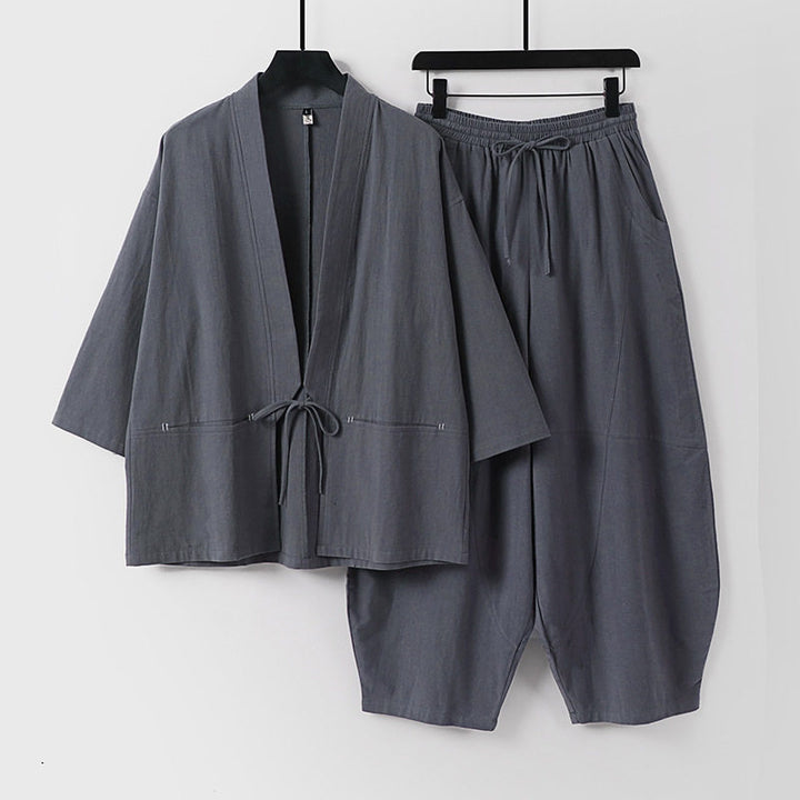 Unisex Modernes Kimono-Lounge-Set aus weichem Baumwollmix mit Kurzjacke, Tunnelzug-Hose und gerafften Knöcheln Echoarchiv