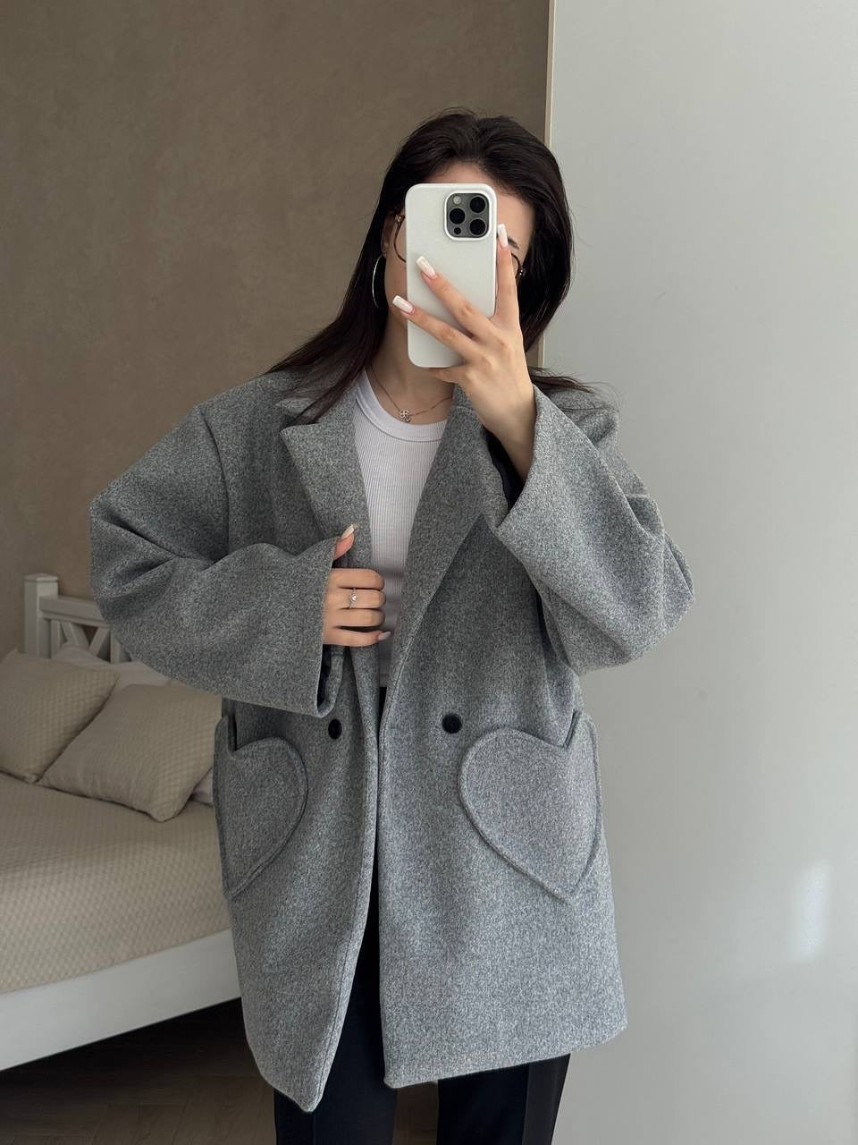 Damen Oversized Blazer-Mantel mit herzförmigen Taschen Echoarchiv