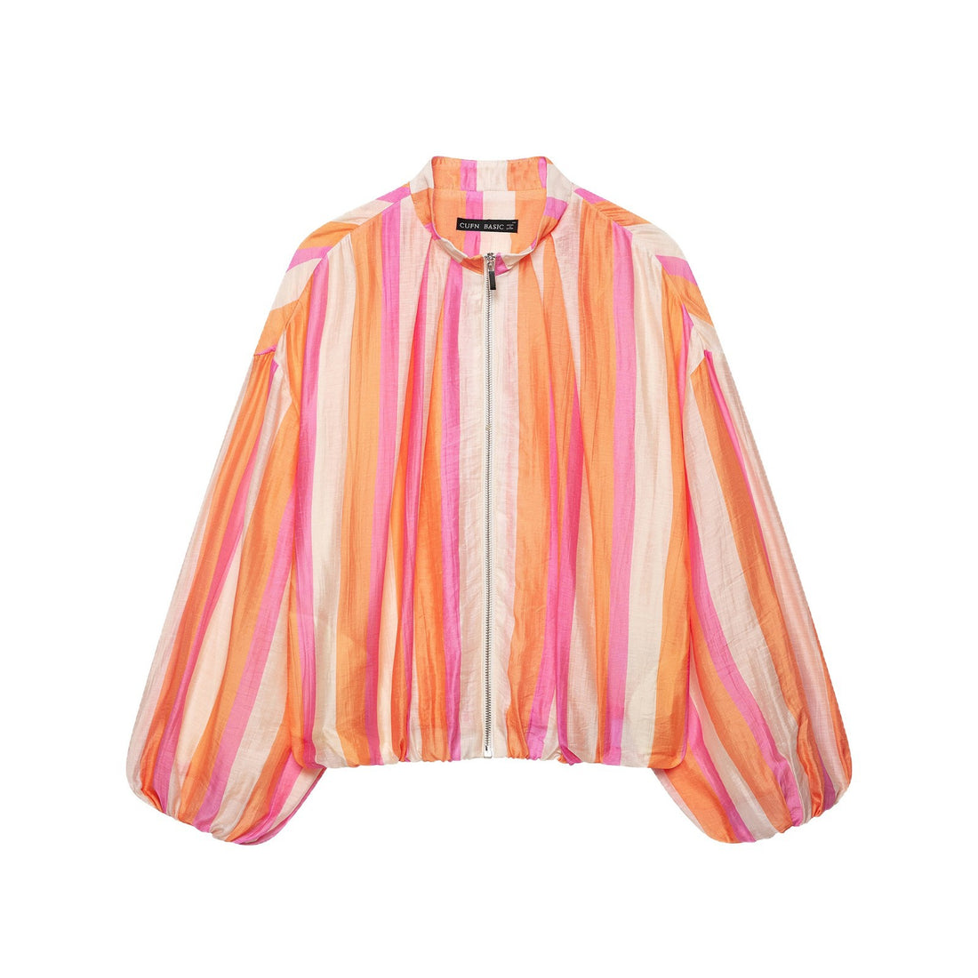Damen Leichte gestreifte Cropped-Bomberjacke aus transparentem Crêpe mit Ballonärmeln Echoarchiv