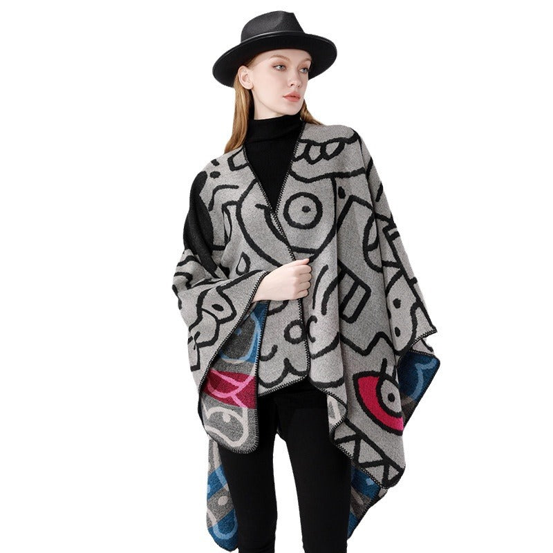 Damen Oversize-Poncho im künstlerischen Print mit zweifarbiger Kantenverarbeitung und asymmetrischem Zipfelsaum – Veloura