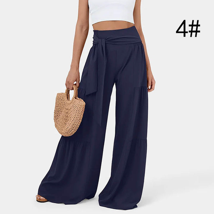 Damen weite Palazzo-Hose mit hoher Taille, bindbarem Taillenband und Stufensaum – Avérine