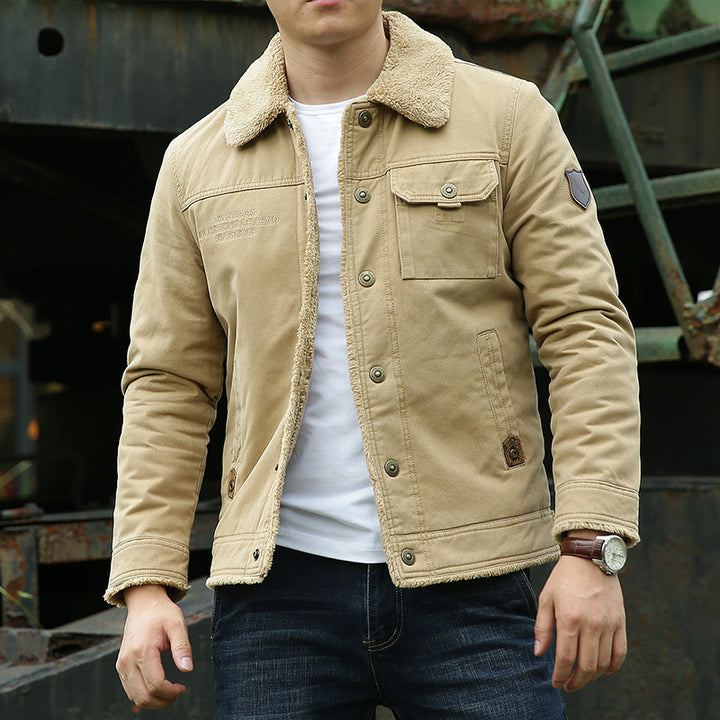 Herren Sherpagefütterte Canvas‑Truckerjacke mit Teddyfutter und Hemdkragen Echoarchiv