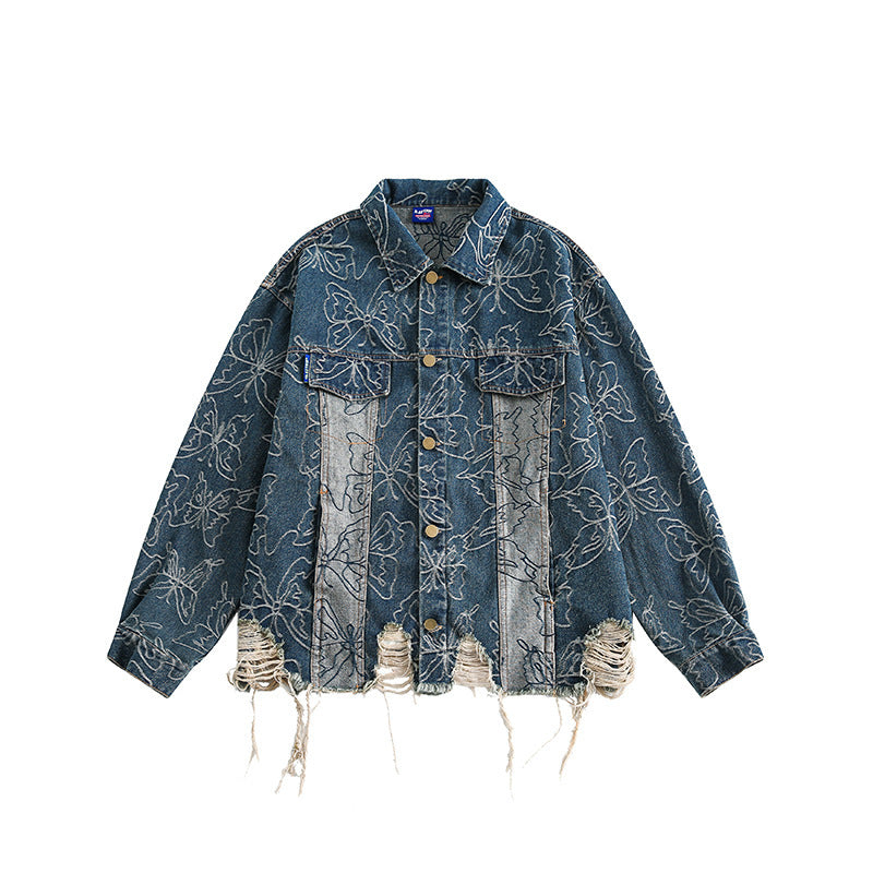 Unisex Oversize-Jeansjacke mit floraler Stickerei, Kontrastpaneelen und ausgefranstem Saum Echo Archiv
