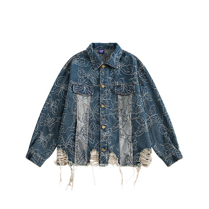 Unisex Oversize-Jeansjacke mit floraler Stickerei, Kontrastpaneelen und ausgefranstem Saum Echo Archiv