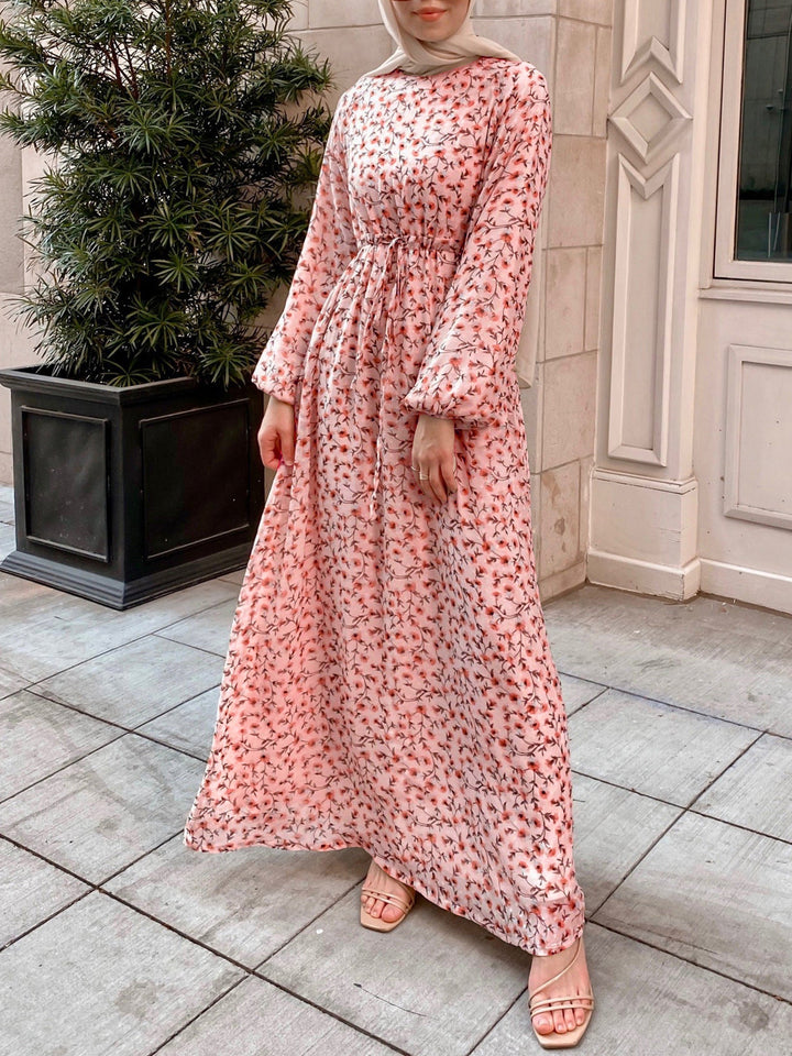 Damen Geblümtes Maxikleid mit Kordel-Taille und Ballonärmeln – Valéora