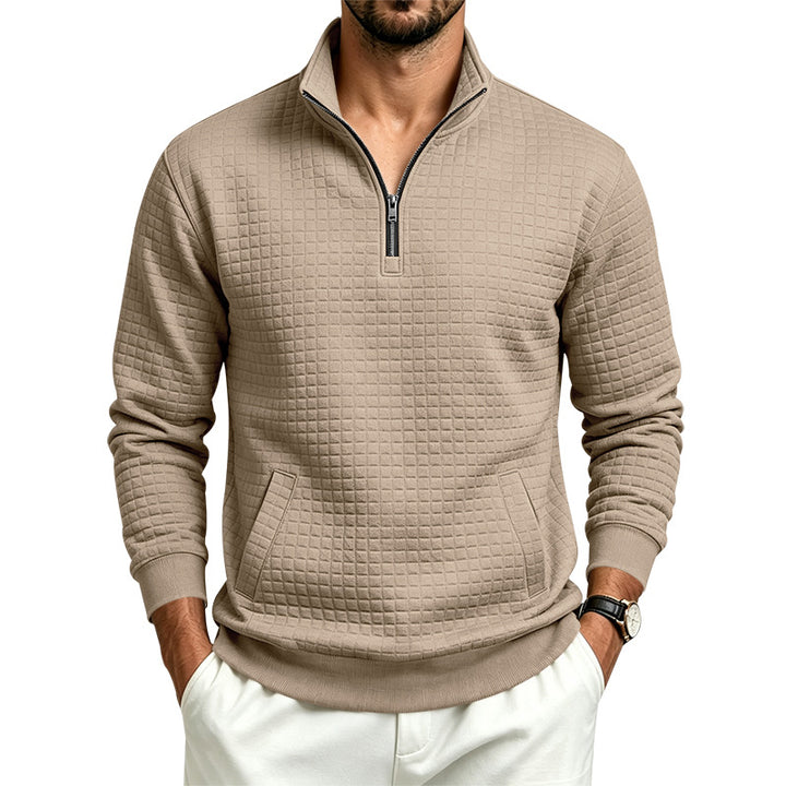 Herren Strukturiertes Stehkragen-Halbzip-Sweatshirt mit Karomuster und Kängurutasche Echoarchiv