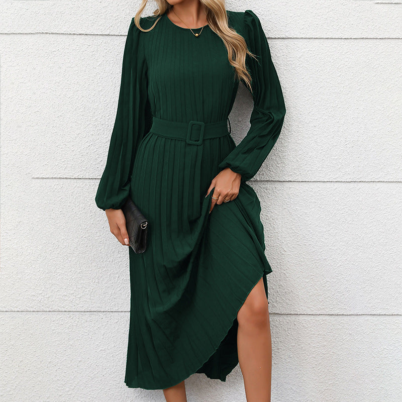 Damen Plissiertes Midikleid mit Taillengürtel, Puffärmeln und Rundhalsausschnitt – Élara
