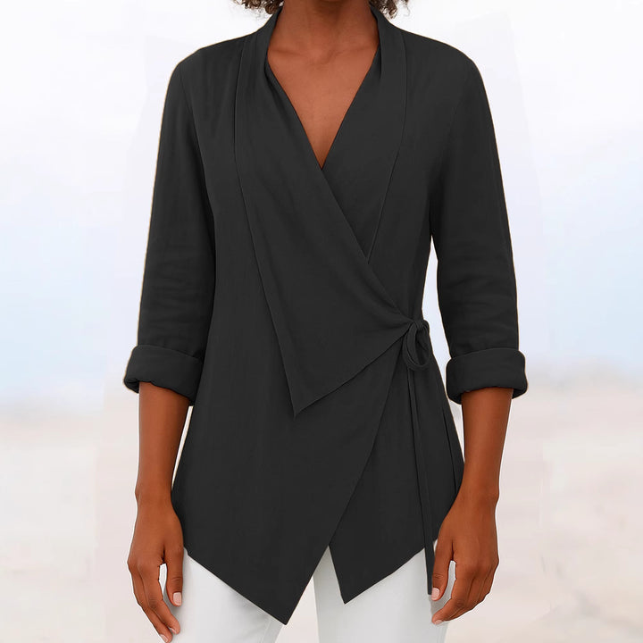 Damen Asymmetrische Wickelbluse mit Schalkragen und 3/4-Ärmeln – Élovi