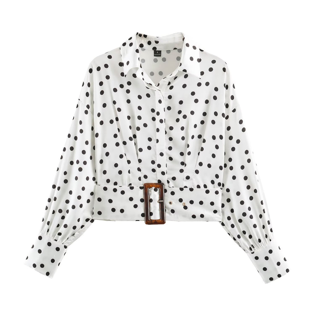 Damen Gepunktete Cropped-Hemdbluse mit breitem Taillengürtel und Ballonärmeln Echoarchiv
