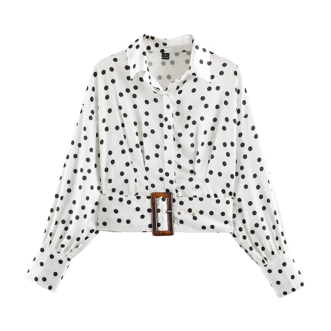 Damen Gepunktete Cropped-Hemdbluse mit breitem Taillengürtel und Ballonärmeln Echoarchiv