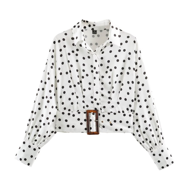 Damen Gepunktete Cropped-Hemdbluse mit breitem Taillengürtel und Ballonärmeln Echoarchiv