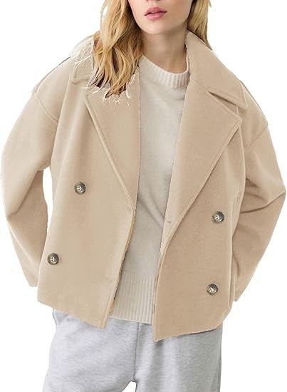 Damen nan kurz geschnittener Zweireiher Wollmix-Peacoat mit überbreitem Revers und kastiger Silhouette Echo Archiv