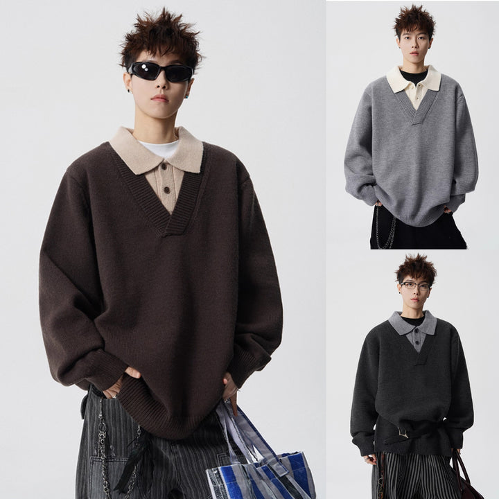 Damen Modischer Grobstrickpullover mit V-Ausschnitt und Kragen Echoarchiv