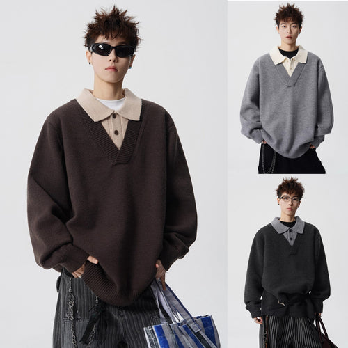 Damen Modischer Grobstrickpullover mit V-Ausschnitt und Kragen Echoarchiv