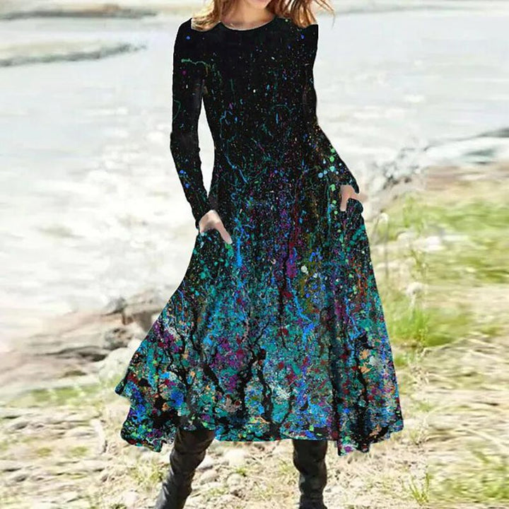 Damen nan A-Linien-Midikleid mit abstraktem Spritzmuster, Rundhalsausschnitt, langen Ärmeln und Eingrifftaschen Echo Archiv