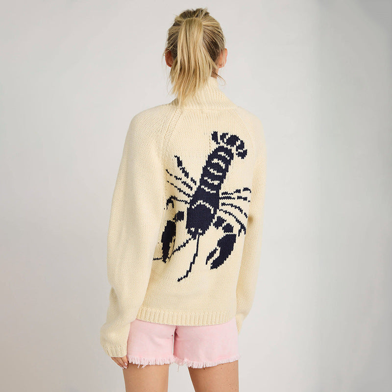 Damen Grobstrick Rollkragenpullover mit Hummer-Intarsie und lässiger Oversize-Passform Echoarchiv