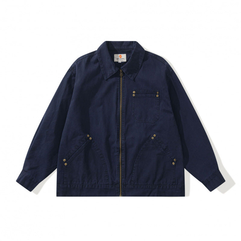 Unisex Kastenförmige Canvas-Worker-Jacke mit Frontreißverschluss und Nietapplikationen Echo Archiv