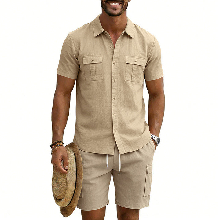 Herren nan sommerliches Freizeitset aus Baumwoll-Leinenmix mit Kurzarm-Hemd und Cargo-Shorts Echo Archiv