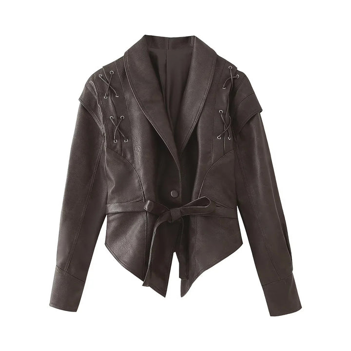 Damen taillierte Bindegürtel-Kunstlederjacke mit Schalkragen und Schnürdetails – Célinea