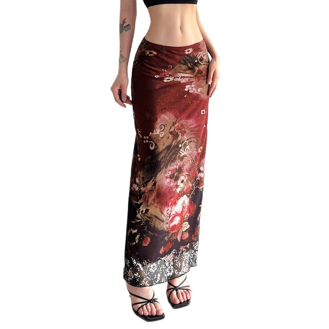 Damen Langes Satin-Chiffon Maxirock mit floralem Aquarellprint Echo Archiv